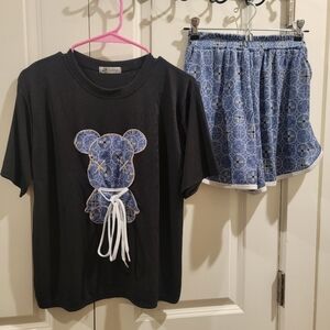 Final✅️ Black T-Shirt with Bear Patch and Blue Monogram Patterned Shorts